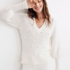 Madewell Bobble Dashwood V-Neck Sweater Coziest Yarn in Bright Ivory | Small